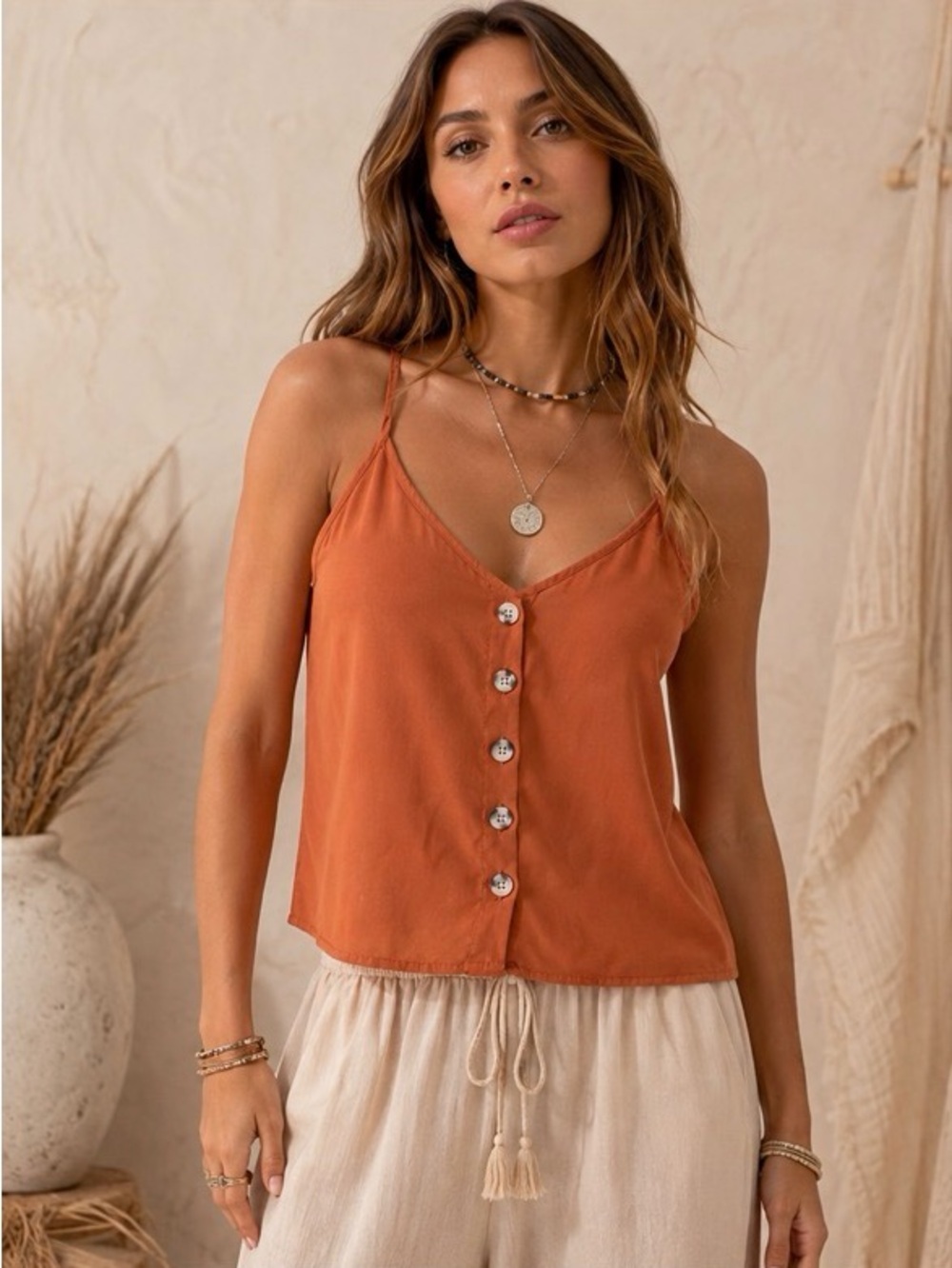 Paper Crane | Burnt Orange Button-Front Spaghetti Strap Cami Boho Festival